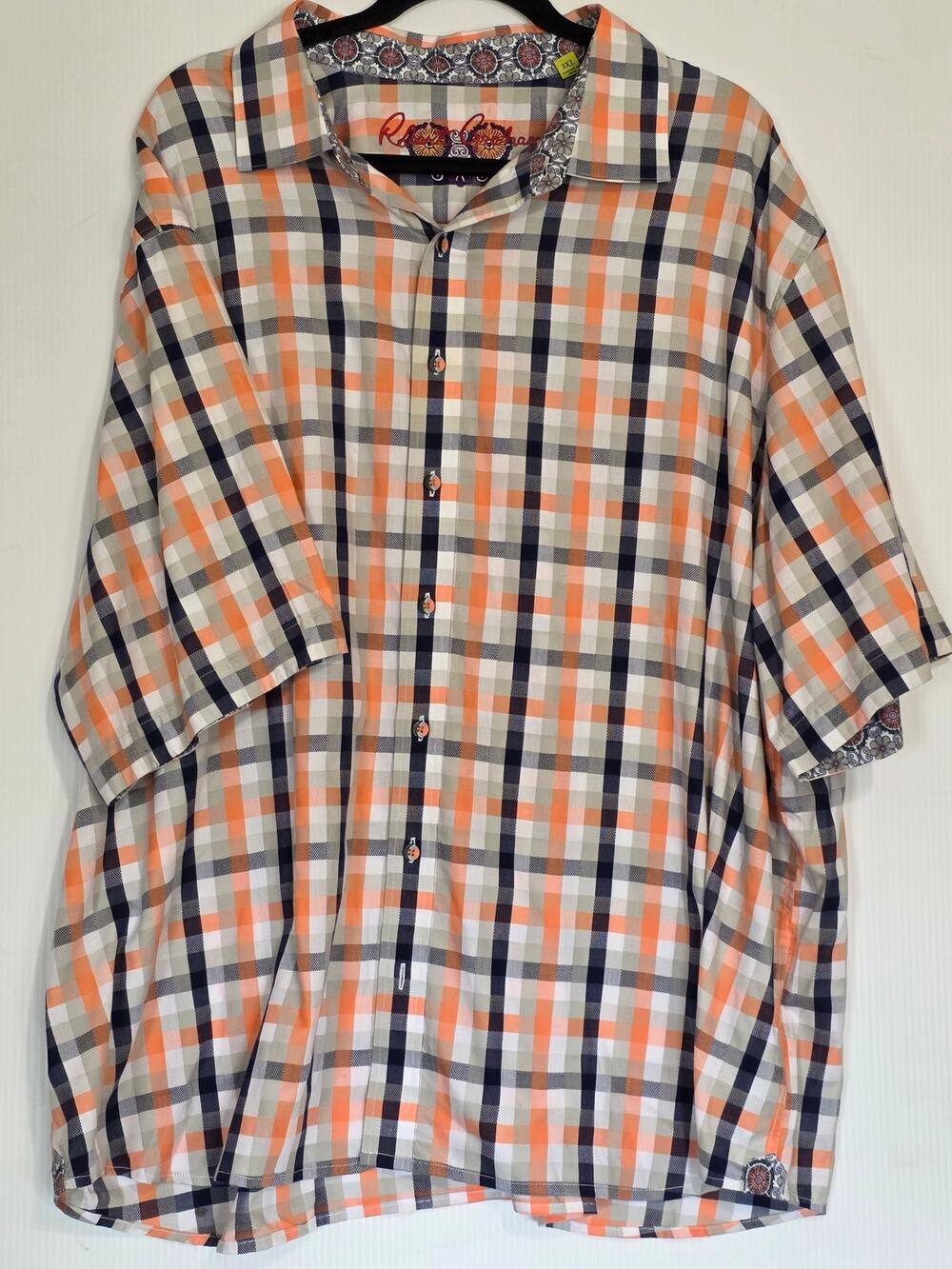 Robert Graham Men's Plaid Button-Down Shirt  3XL Orange Navy Contrasting Cuffs